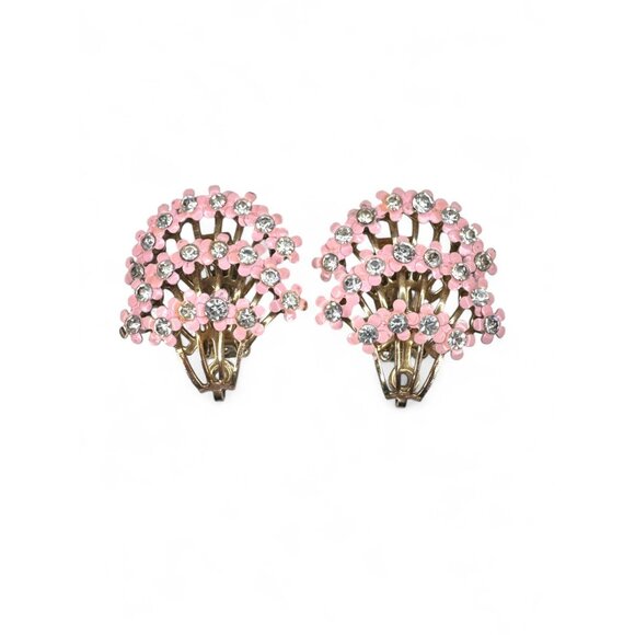 Vintage Pink Enamel Clear Rhinestone Floral Brooch Clip On Earrings Set - Picture 6 of 11